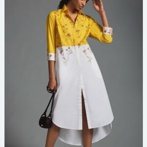 Anthropologie Yellow and White Floral Embroidered Dress